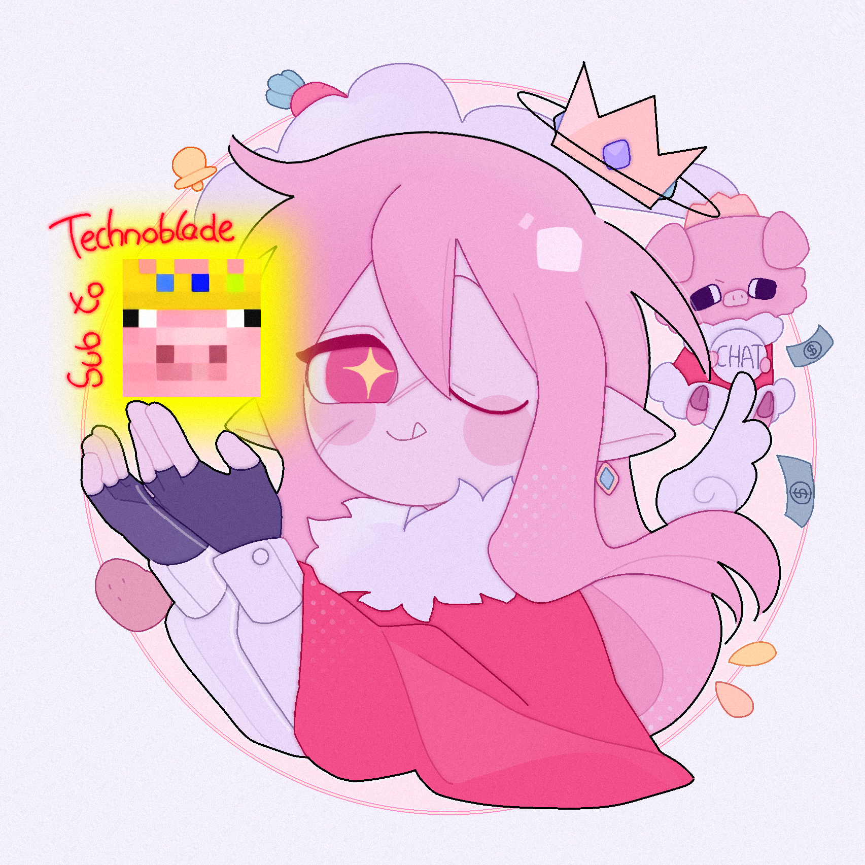 yan8644507, technoblade, dream smp, minecraft, minecraft youtube, chinese commentary, commentary request, highres, 1boy, androgynous, animification, banknote, cape, cloud, crown, deformed, detached wings, dollar bill, earrings, english text, fang, fur-trimmed cape, fur trim, gold crown, hair between eyes, halo, humanization, jewelry, long hair, long sleeves, looking at viewer, male focus, money, one eye closed, pig, pink hair, pointed crown, pointy ears, potato, red cape, red eyes, scar, scar on face, shirt, simple background, single earring, smile, solo, subscribe to technoblade (phrase), white background, white shirt, wings