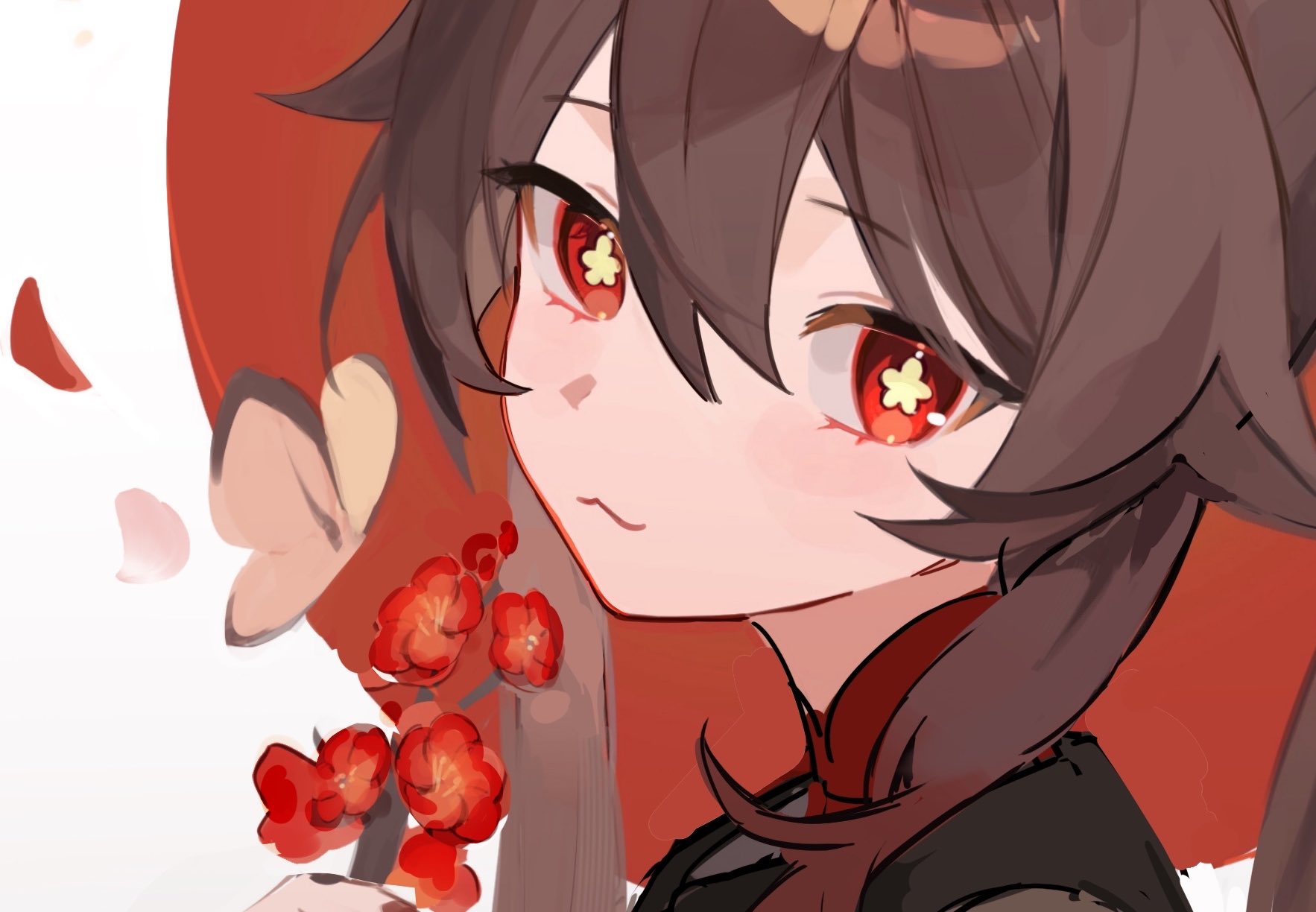hu tao (genshin impact), genshin impact, mihoyo, commentary request, highres, 1girl, :3, brown hair, cherry blossoms, chinese clothes, flower, flower-shaped pupils, hair between eyes, holding, holding umbrella, looking at viewer, medium hair, plum blossoms, red eyes, sa mhe, solo, symbol-shaped pupils, thick eyelashes, umbrella, white background