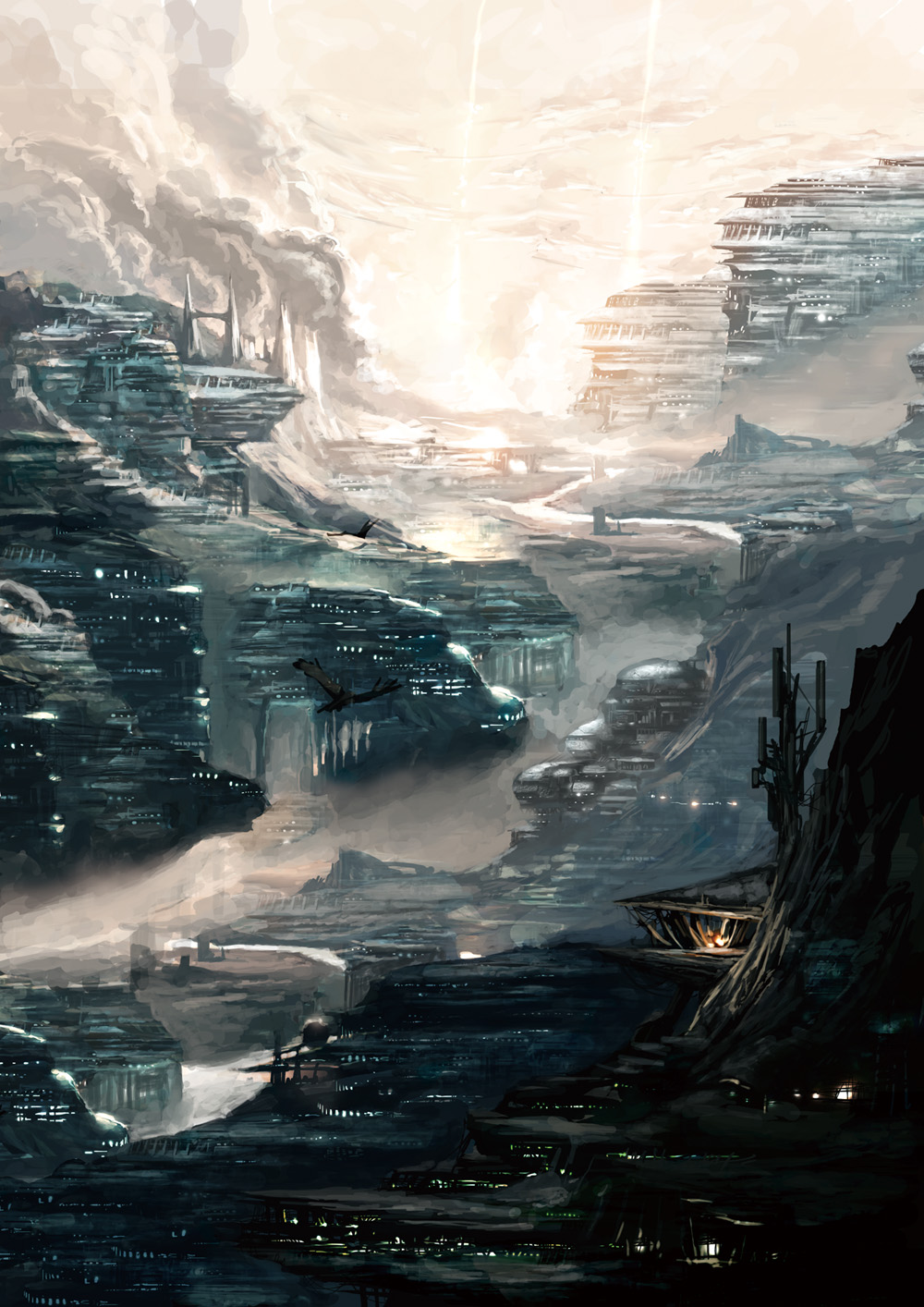 vanipo, original, highres, bird, canyon, city, cityscape, cliff, fantasy, fire, river, scenery, sunlight