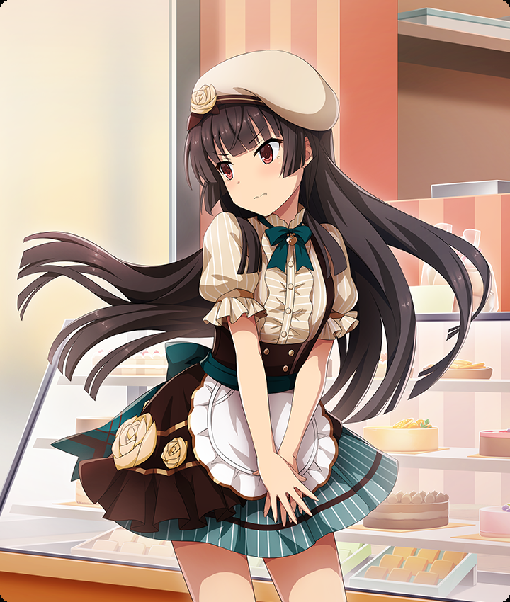 juujou hiyori, toji no miko, toji no miko: kizamishi issen no tomoshibi, game cg, official art, third-party source, 1girl, apron, beret, black hair, blunt ends, blush, brown corset, brown hat, brown shirt, buttons, cake, closed mouth, corset, cowboy shot, display case, dot nose, double-breasted, flower, food, gift bag, green skirt, hat, hat flower, indoors, looking to the side, pinstripe pattern, pinstripe shirt, pinstripe skirt, red eyes, rose, shirt, shop, short sleeves, sidelocks, skirt, skirt tug, solo, striped clothes, striped shirt, striped skirt, suspender skirt, suspenders, underbust, vertical-striped clothes, vertical-striped shirt, vertical-striped skirt, waist apron, yellow flower, yellow rose