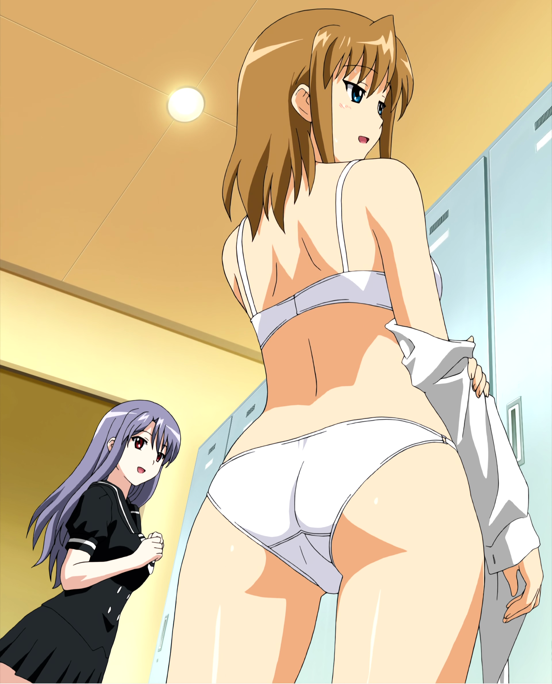 yamauchi noriyasu, shiratori miyu, sumeragi aika, aika (series), aika zero, anime screenshot, highres, non-web source, 00s, 1990s (style), 2girls, ass, black shirt, blouse, bra, cropped legs, door, indoors, lingerie, multiple girls, panties, retro artstyle, shirt, standing, underwear, underwear only, white shirt