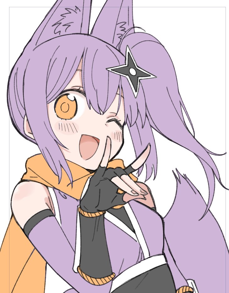 hundredburger, kusagakure satoko, ninja to koroshiya no futarigurashi, commentary request, official art, 1girl, ;d, animal ears, arm guards, black gloves, blush, elbow gloves, fingerless gloves, fox ears, fox shadow puppet, fox tail, gloves, hair ornament, hairclip, long hair, looking at viewer, necktie, ninja, one eye closed, open mouth, orange eyes, orange scarf, purple hair, red necktie, scarf, side ponytail, smile, solo, tail, upper body, white background