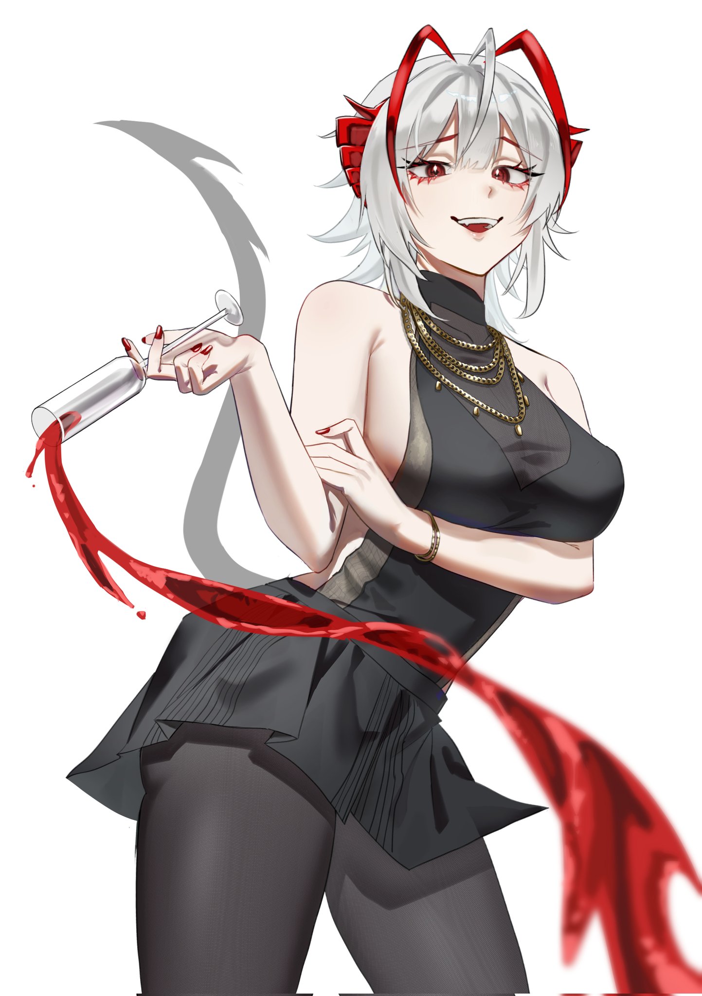 w (arknights), arknights, commentary, highres, 1girl, ahoge, alcohol, alternate costume, antenna hair, arm under breasts, black pantyhose, black shirt, black skirt, bracelet, breasts, center-flap bangs, champagne flute, cowboy shot, cup, demon girl, demon horns, demon tail, drinking glass, eyelashes, eyeliner, grey hair, hand on own arm, holding, holding cup, horns, jewelry, looking at viewer, magnum 0000, makeup, medium breasts, miniskirt, multicolored hair, multiple necklaces, nail polish, necklace, open mouth, pantyhose, pleated skirt, red eyeliner, red eyes, red hair, red horns, red nails, red wine, shirt, short hair, sideboob, sideless shirt, simple background, skirt, sleeveless, sleeveless shirt, smile, solo, spilling, standing, streaked hair, tail, teeth, two-tone hair, upper teeth only, white background, wine, wine glass