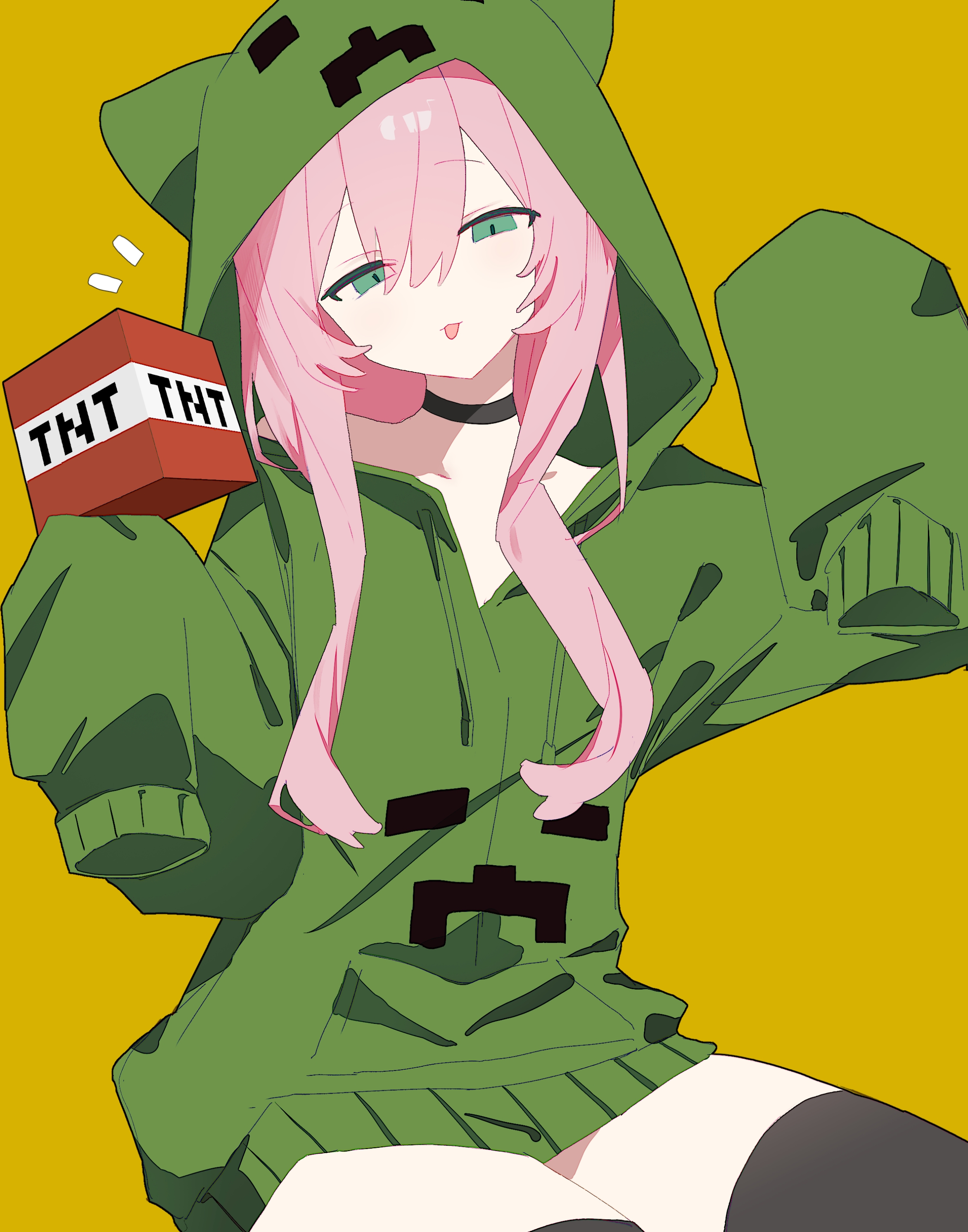 creeper, cupa (at2.), minecraft, mob talker, absurdres, chinese commentary, commentary request, highres, 1girl, alternate hair color, animal ears, cat ears, choker, creeparka, explosive, fake animal ears, green eyes, green hoodie, hood, hood up, hoodie, kongbushu, long hair, long sidelocks, long sleeves, looking at viewer, personification, pink hair, sidelocks, simple background, sitting, solo, tnt, tnt block (minecraft), tongue, tongue out, very long sidelocks, yellow background