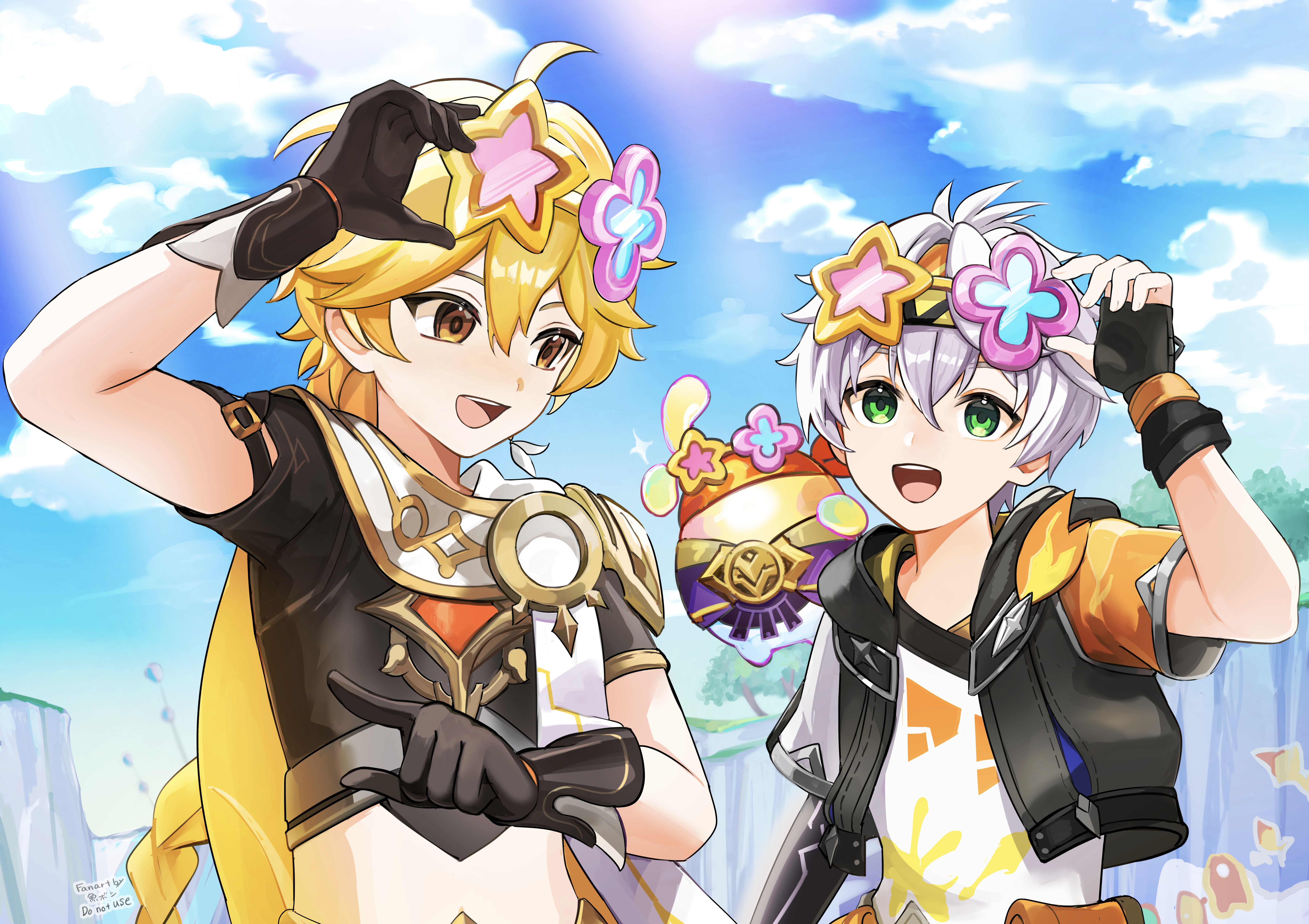 okkobc, aether (genshin impact), asha (genshin impact), bennett (adventures in blazing hue) (genshin impact), bennett (genshin impact), genshin impact, absurdres, commentary request, highres, 2boys, black gloves, black jacket, black shirt, blonde hair, braid, crop top, earrings, eyewear on head, fingerless gloves, gloves, green eyes, hair between eyes, hair ornament, jacket, jewelry, long hair, male focus, midriff, multiple boys, official alternate costume, open mouth, scarf, shirt, short hair, star-shaped eyewear, star (symbol), white hair, white scarf, white shirt, yellow eyes