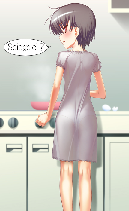 yamanezumi rokikku, translated, 1girl, ass, back, black hair, blush, brown eyes, cooking, dress, egg, female focus, from behind, german text, grey hair, kitchen, kneepits, legs, looking at viewer, looking back, lowleg, lowleg panties, nightgown, no bra, panties, pantylines, profile, red eyes, see-through clothes, shadow, short hair, short sleeves, solo, standing, stove, underwear, white dress