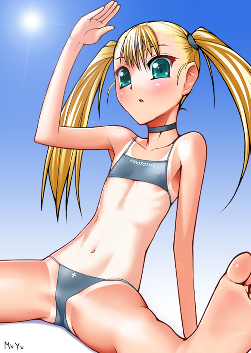 yamanezumi rokikku, original, 1girl, bikini, blonde hair, blue background, choker, feet, female focus, flat chest, foot focus, gradient background, green eyes, looking at viewer, one-piece tan, ribs, skinny, solo, spread legs, sun, swimsuit, tan, tanline, twintails
