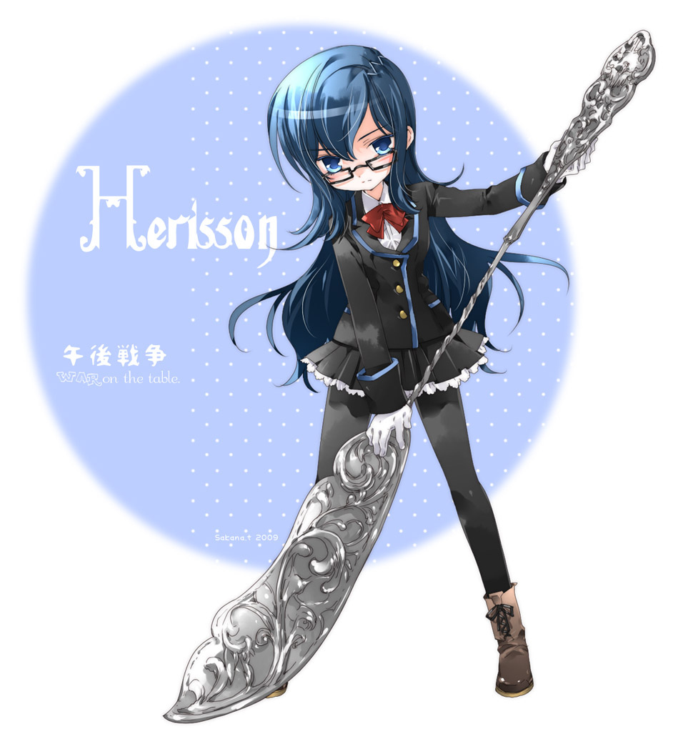 toujou sakana, original, blue eyes, blue hair, blue theme, blush, glasses, gloves, mini person, minigirl, pantyhose, solo, thighhighs