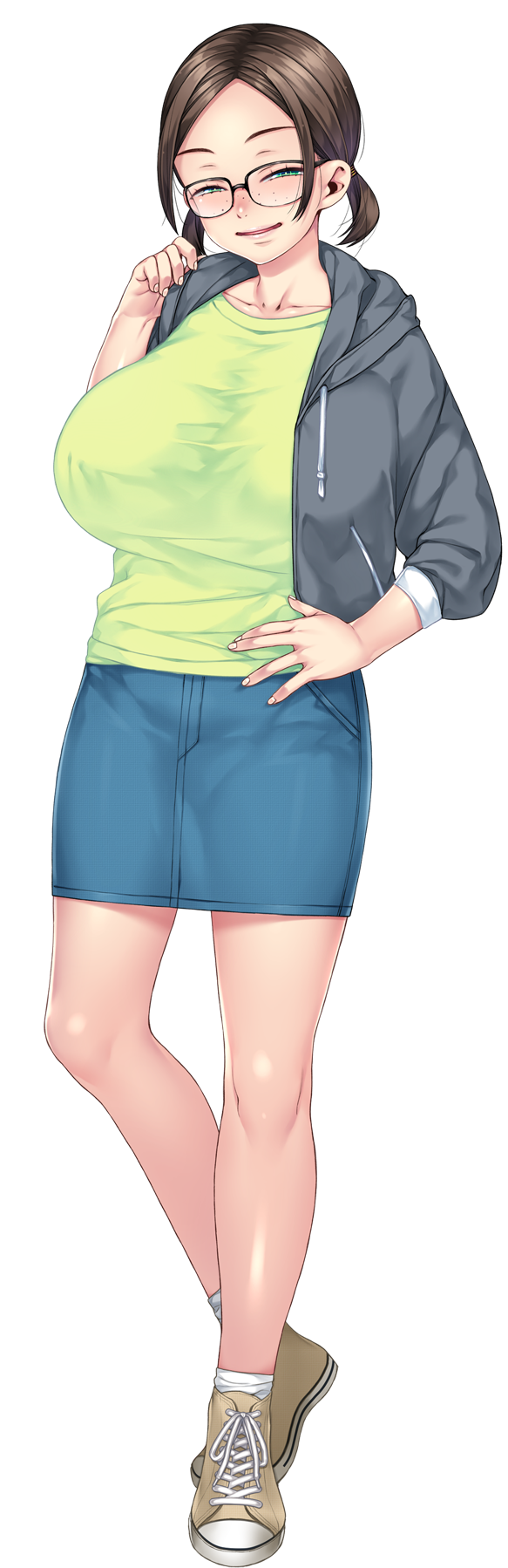 sumeragi kohaku, akihara shiho, converse, sexfri osananajimi, blue skirt, breasts, brown hair, collarbone, crew neck, denim, denim skirt, freckles, full body, glasses, green eyes, green shirt, grey hoodie, half-closed eyes, hand on own hip, hand up, happy, hood, hood down, hoodie, huge breasts, knees, long sleeves, looking at viewer, low twintails, medium skirt, open clothes, open hoodie, parted bangs, parted lips, pencil skirt, shirt, shoes, short hair, short twintails, sidelocks, simple background, skirt, sleeves pushed up, smile, sneakers, socks, standing, transparent background, twintails, white socks
