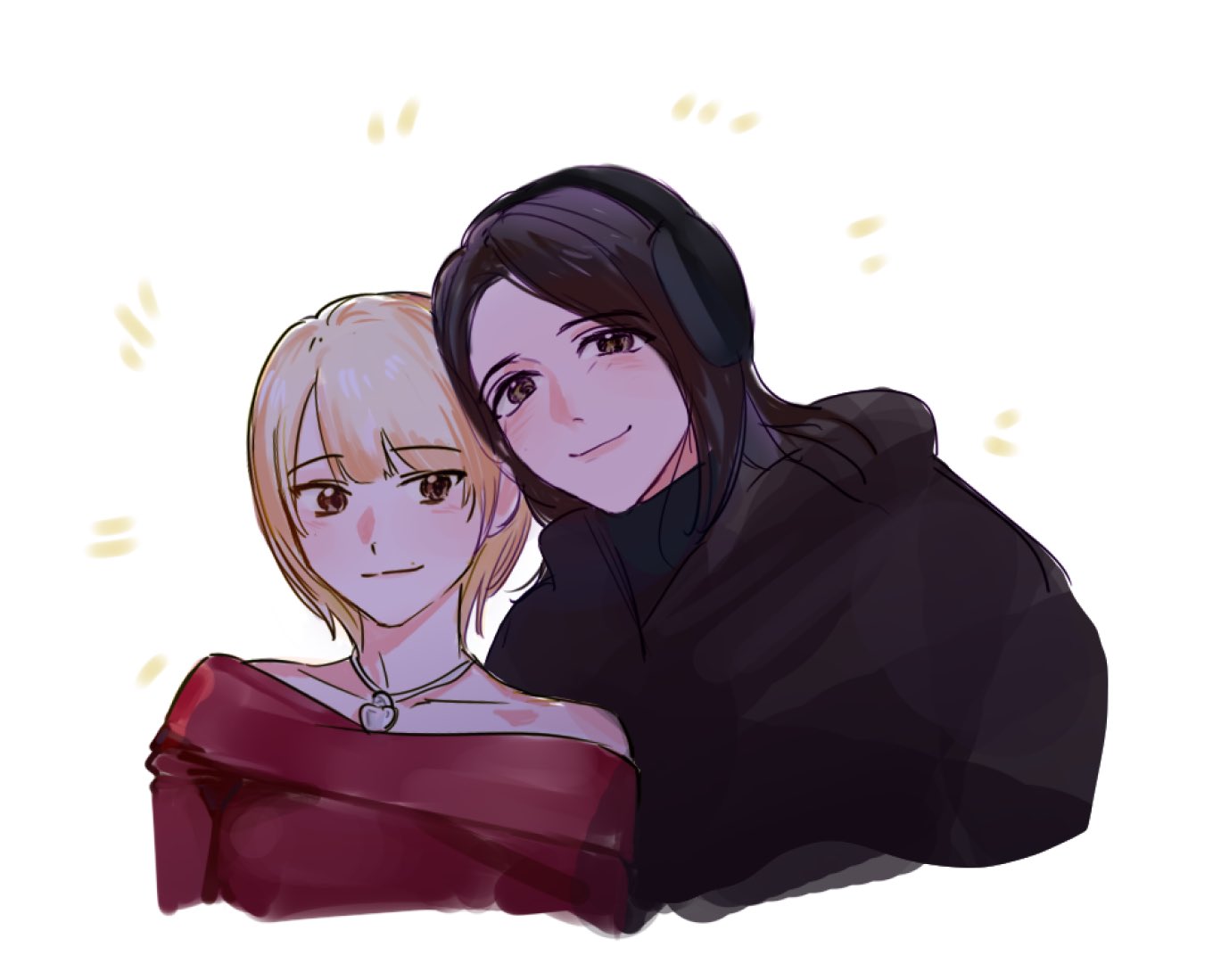 real life, commentary, photo-referenced, 2girls, black hair, blonde hair, brown eyes, closed mouth, earmuffs, looking at viewer, medium hair, mole, mole above mouth, multiple girls, off-shoulder shirt, off shoulder, red shirt, sasaki rico (voice actor), shirt, short hair, simple background, voice actor, white background, xinyi6239222644, yonezawa akane