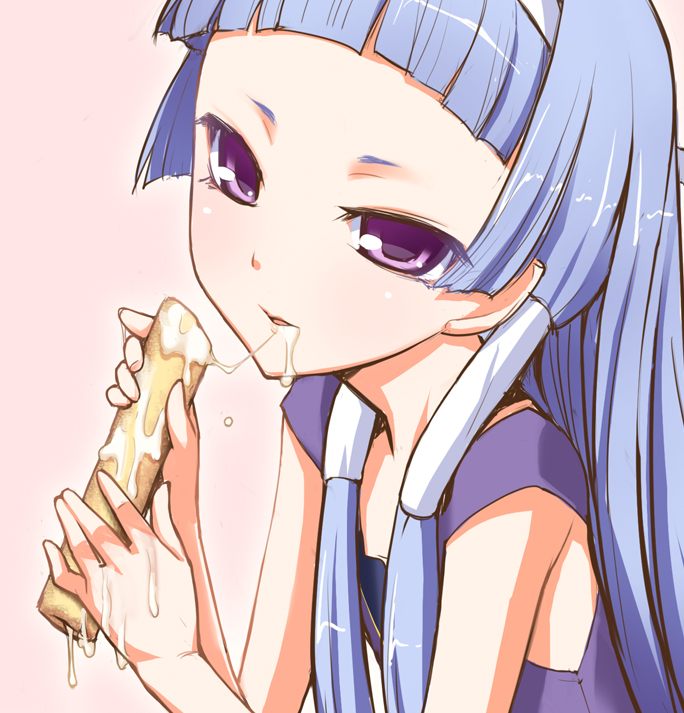 yamanezumi rokikku, nagi, kannagi, 00s, blue hair, blunt bangs, eating, long hair, purple eyes, sexually suggestive, solo