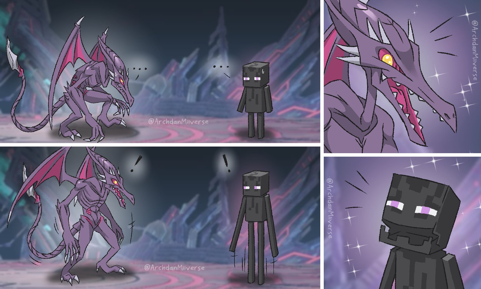 archdan, enderman, ridley, metroid, minecraft, nintendo, super smash bros., commentary, english commentary, highres, …, 1boy, 1other, artist name, black skin, claws, colored skin, dragon, dragon wings, fangs, final destination (smash bros), purple eyes, purple skin, sparkle, sweatdrop, tail, wings, yellow eyes