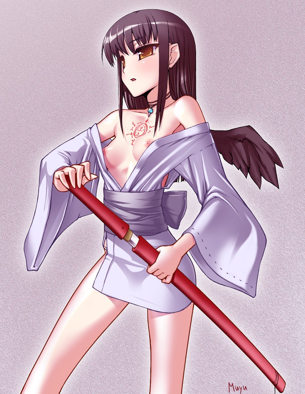 yamanezumi rokikku, bad id, bad pixiv id, highres, 1girl, black hair, breasts, brown eyes, female focus, japanese clothes, kimono, open clothes, open shirt, sheath, sheathed, shirt, short kimono, small breasts, solo, sword, weapon, wings