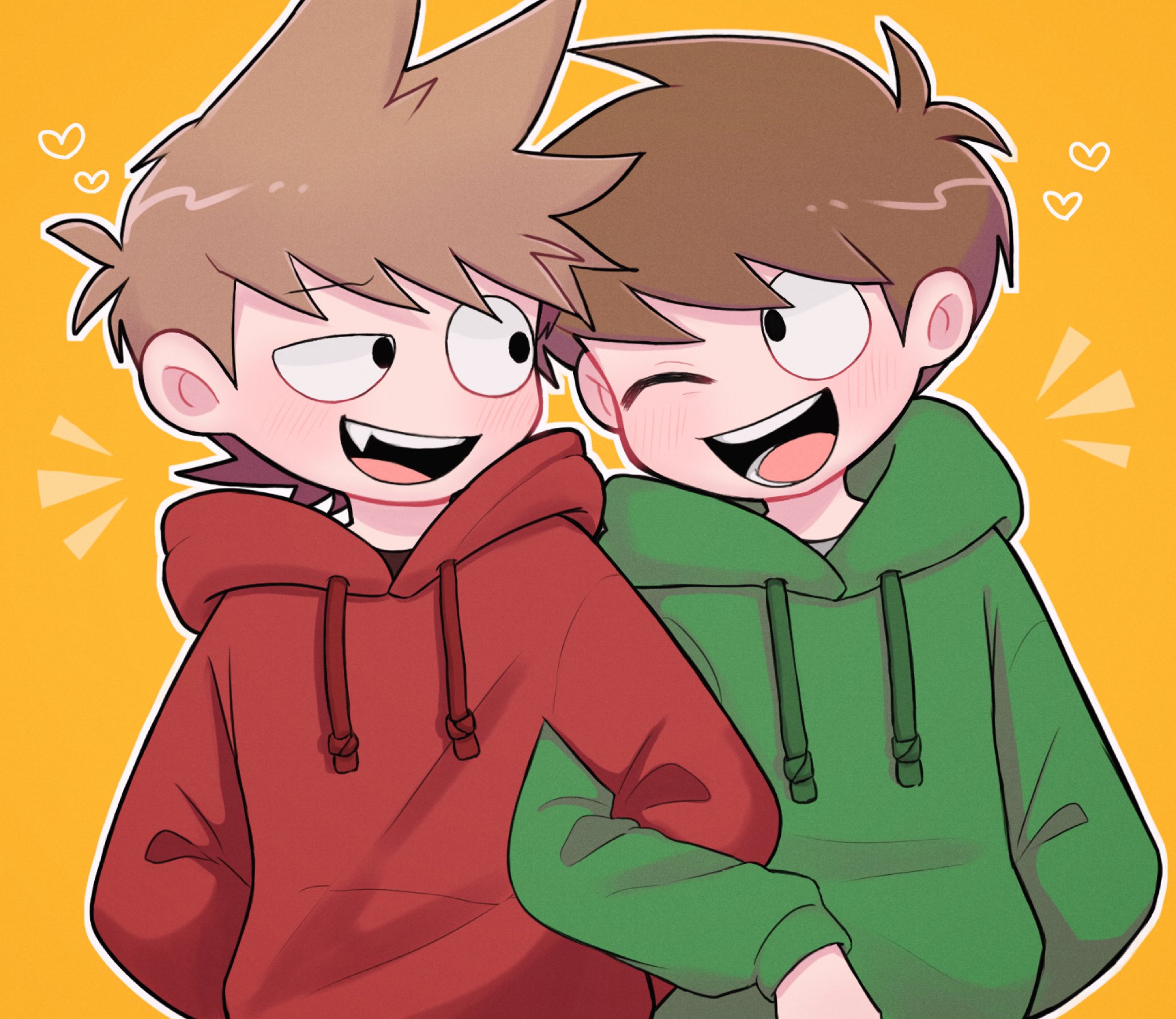 edd (eddsworld), eddsworld, commentary request, highres, 2boys, ^^^, black eyes, blush, brown hair, eye contact, fang, green hoodie, hair ears, happy, heart, hood, hood down, hoodie, locked arms, long sleeves, looking at another, male focus, mau (edd tom), multiple boys, one eye closed, open mouth, outline, red hoodie, short hair, simple background, smile, toon (style), tord (eddsworld), upper body, white outline, yellow background