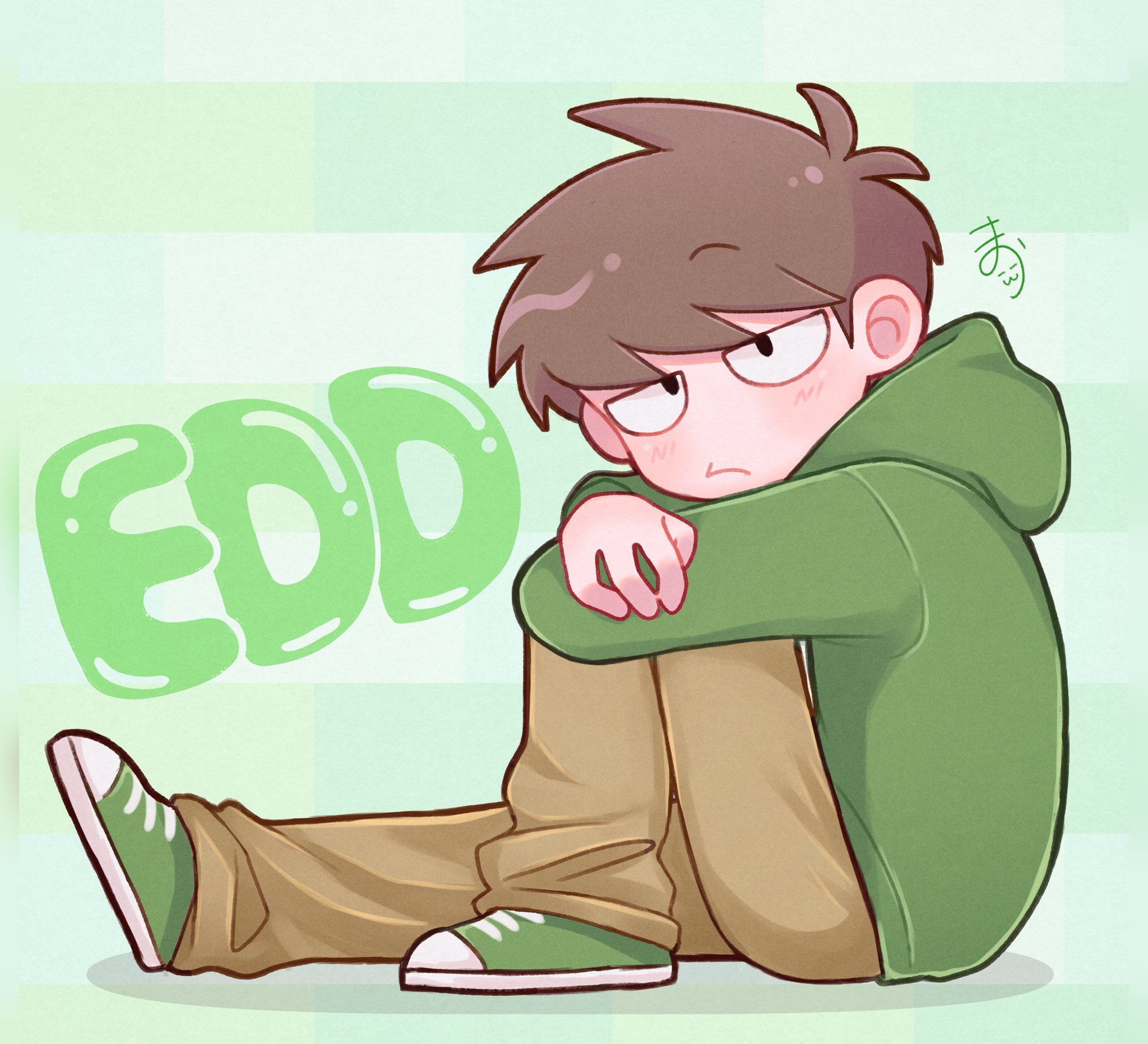 edd (eddsworld), eddsworld, commentary, highres, symbol-only commentary, 1boy, black eyes, blush, brown hair, brown pants, character name, from side, full body, green background, green hoodie, green shoes, hood, hood down, hoodie, hugging own leg, jitome, long sleeves, looking at viewer, male focus, mau (edd tom), pants, shoes, short hair, signature, simple background, sitting, solo, toon (style)