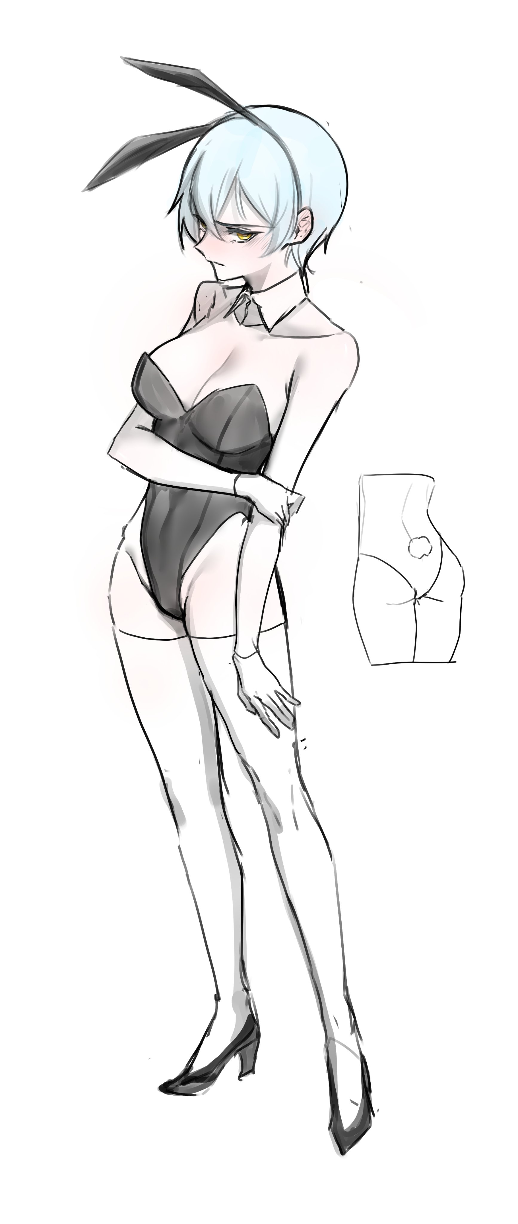 helseujang, angela (project moon), library of ruina, project moon, absurdres, hashtag-only commentary, highres, 1girl, animal ears, black leotard, black shoes, blue hair, fake animal ears, fake tail, full body, gloves, hand on own arm, high heels, leotard, playboy bunny, rabbit ears, shoes, short hair, simple background, solo, tail, thighhighs, white background, white gloves, white thighhighs