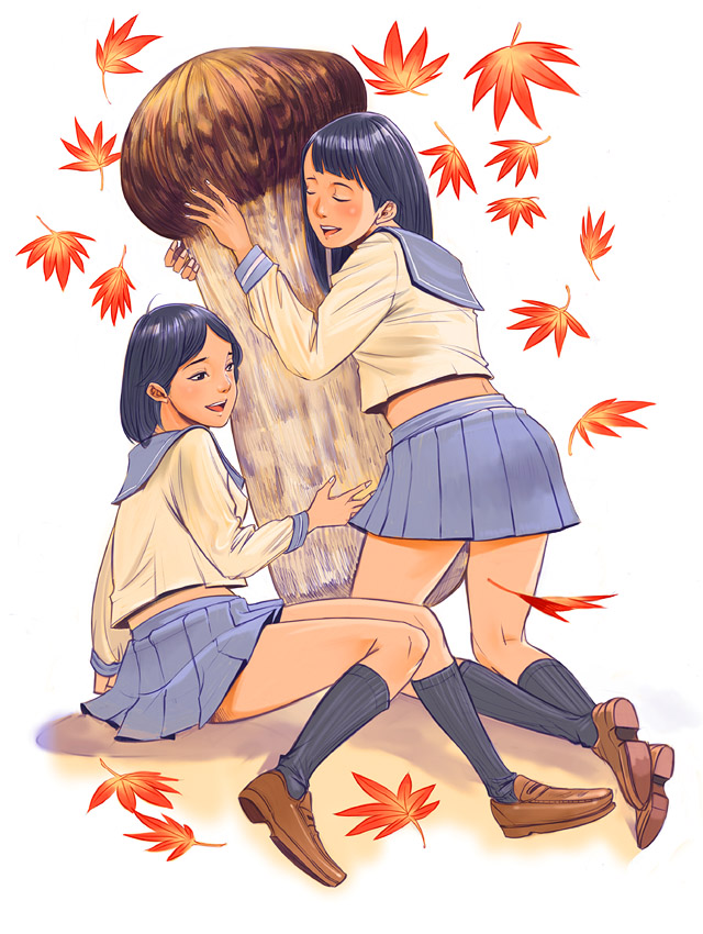 makapon, 2girls, autumn leaves, black hair, black socks, kneehighs, leaf, multiple girls, mushroom, school uniform, serafuku, sexually suggestive, sitting, socks