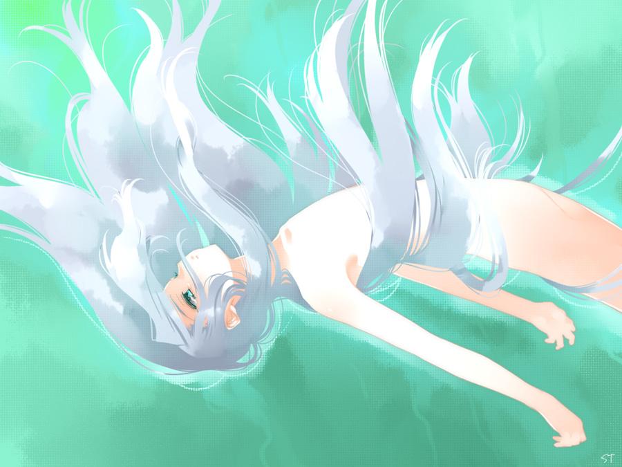 toujou sakana, sephiroth, final fantasy, final fantasy vii, 1990s (style), 1boy, falling, green eyes, long hair, male focus, nude, solo, very long hair, white hair