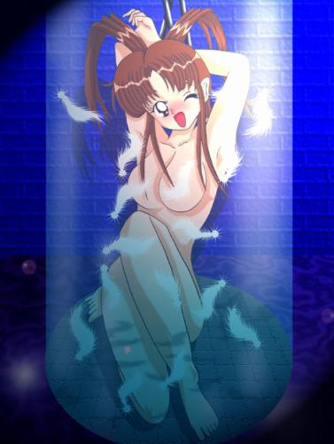 artist request, character request, copyright request, lowres, source request, tagme, barefoot, black eyes, breasts, brown hair, convenient censoring, long hair, nude, tickling, twintails, wince