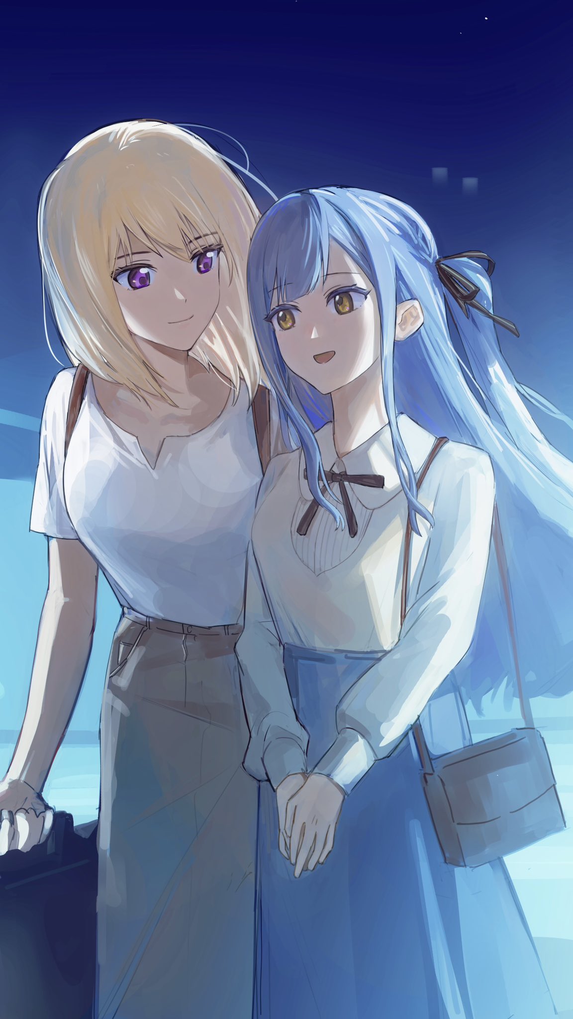 misumi uika, togawa sakiko, bang dream!, bang dream! it's mygo!!!!!, commentary, cropped, hashtag-only commentary, highres, 2girls, backpack, bag, black ribbon, blonde hair, blue hair, breasts, brown bag, brown skirt, closed mouth, grey skirt, hair ribbon, instrument case, long hair, long sleeves, medium hair, multiple girls, neck ribbon, open mouth, purple eyes, ribbon, shirt, short hair, shoulder bag, sidelocks, skirt, white shirt, xinyi6239222644, yellow eyes