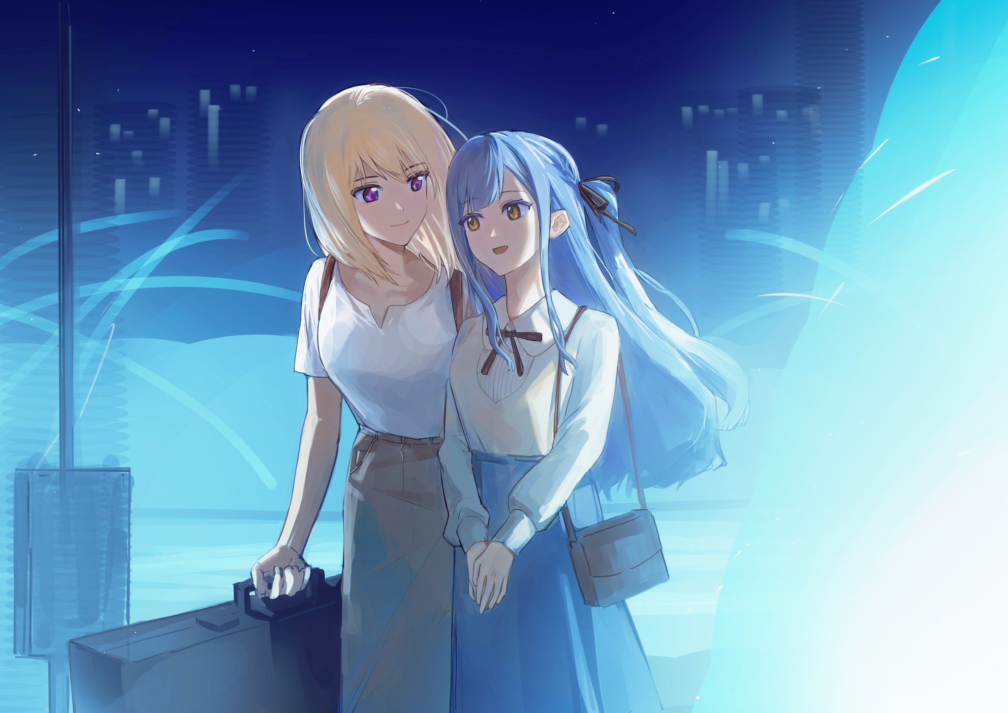 misumi uika, togawa sakiko, bang dream!, bang dream! it's mygo!!!!!, commentary, hashtag-only commentary, highres, 2girls, backpack, bag, black ribbon, blonde hair, blue hair, breasts, brown bag, brown skirt, closed mouth, grey skirt, hair ribbon, instrument case, long hair, long sleeves, medium hair, multiple girls, neck ribbon, open mouth, purple eyes, ribbon, shirt, short hair, shoulder bag, sidelocks, skirt, white shirt, xinyi6239222644, yellow eyes