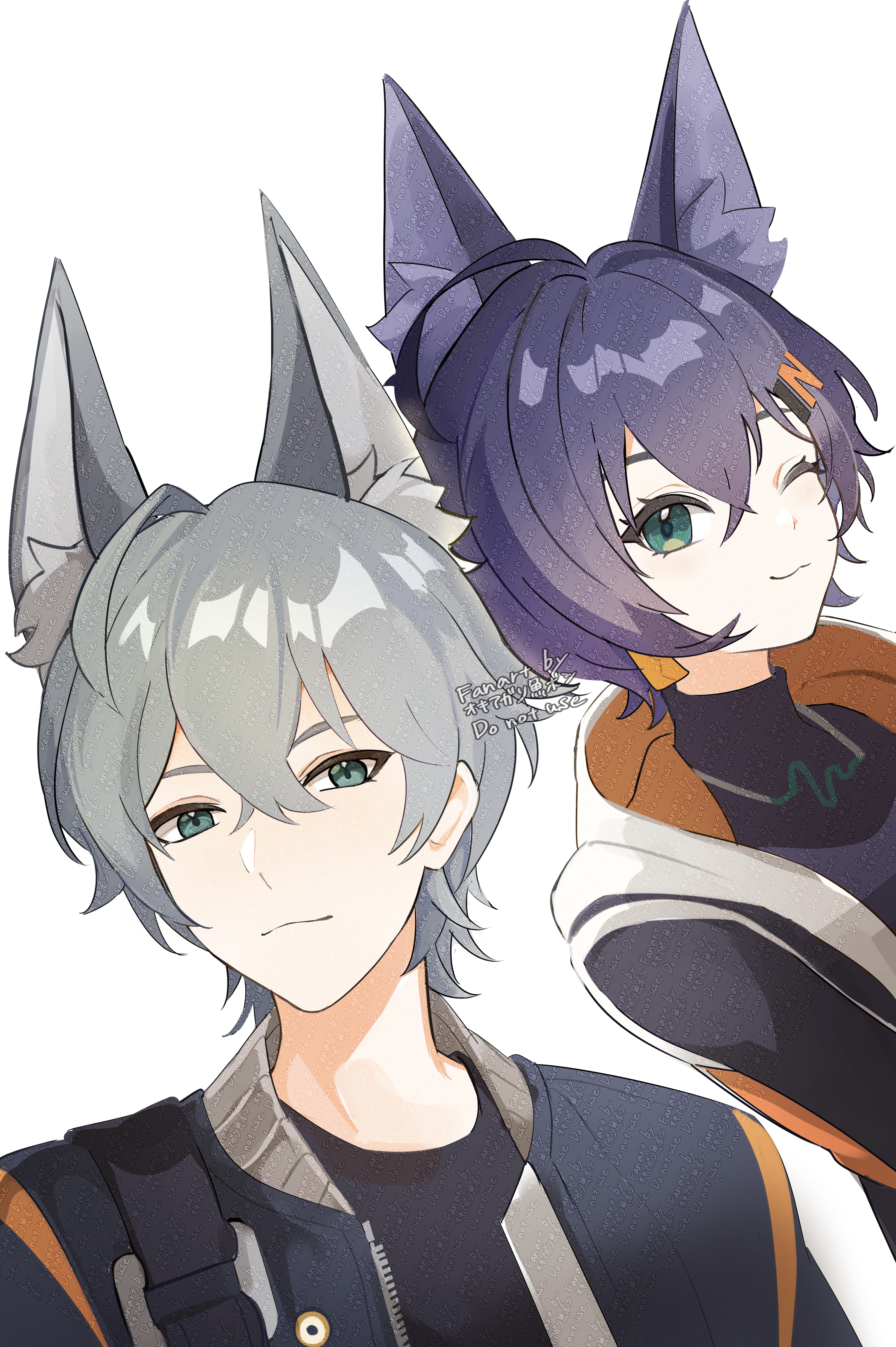 okkobc, belle (zenless zone zero), wise (zenless zone zero), zenless zone zero, absurdres, commentary request, highres, 1boy, 1girl, animal ear fluff, animal ears, aqua eyes, black jacket, black shirt, blue hair, brother and sister, closed mouth, crossed bangs, fox ears, green eyes, grey hair, hair between eyes, hair ornament, jacket, kemonomimi mode, letter hair ornament, looking at viewer, one eye closed, pale skin, shirt, short hair, siblings, smile, watermark, watermark grid, white background