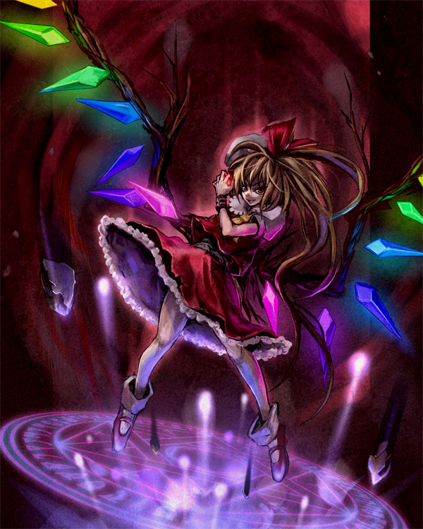 an (artist), flandre scarlet, touhou, 1girl, blonde hair, blouse, female focus, hat, long hair, magic circle, mob cap, one side up, ponytail, red eyes, red shoes, shirt, shoes, side ponytail, solo, white hat, white shirt, wings