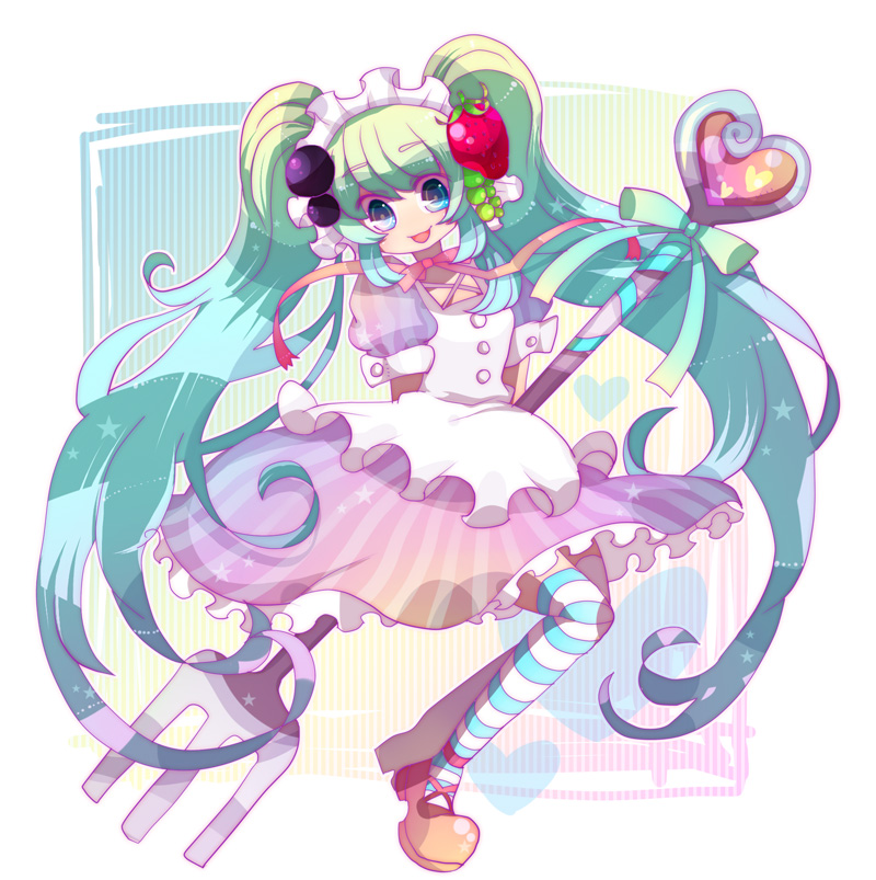 awayuki, hatsune miku, vocaloid, bad id, bad pixiv id, 1girl, aqua eyes, aqua hair, blueberry, dress, female focus, food, food-themed clothes, food-themed hair ornament, fork, fruit, hair ornament, hairband, long hair, oversized object, shoes, smile, solo, strawberry, strawberry hair ornament, striped clothes, striped thighhighs, thighhighs, tongue, twintails, very long hair