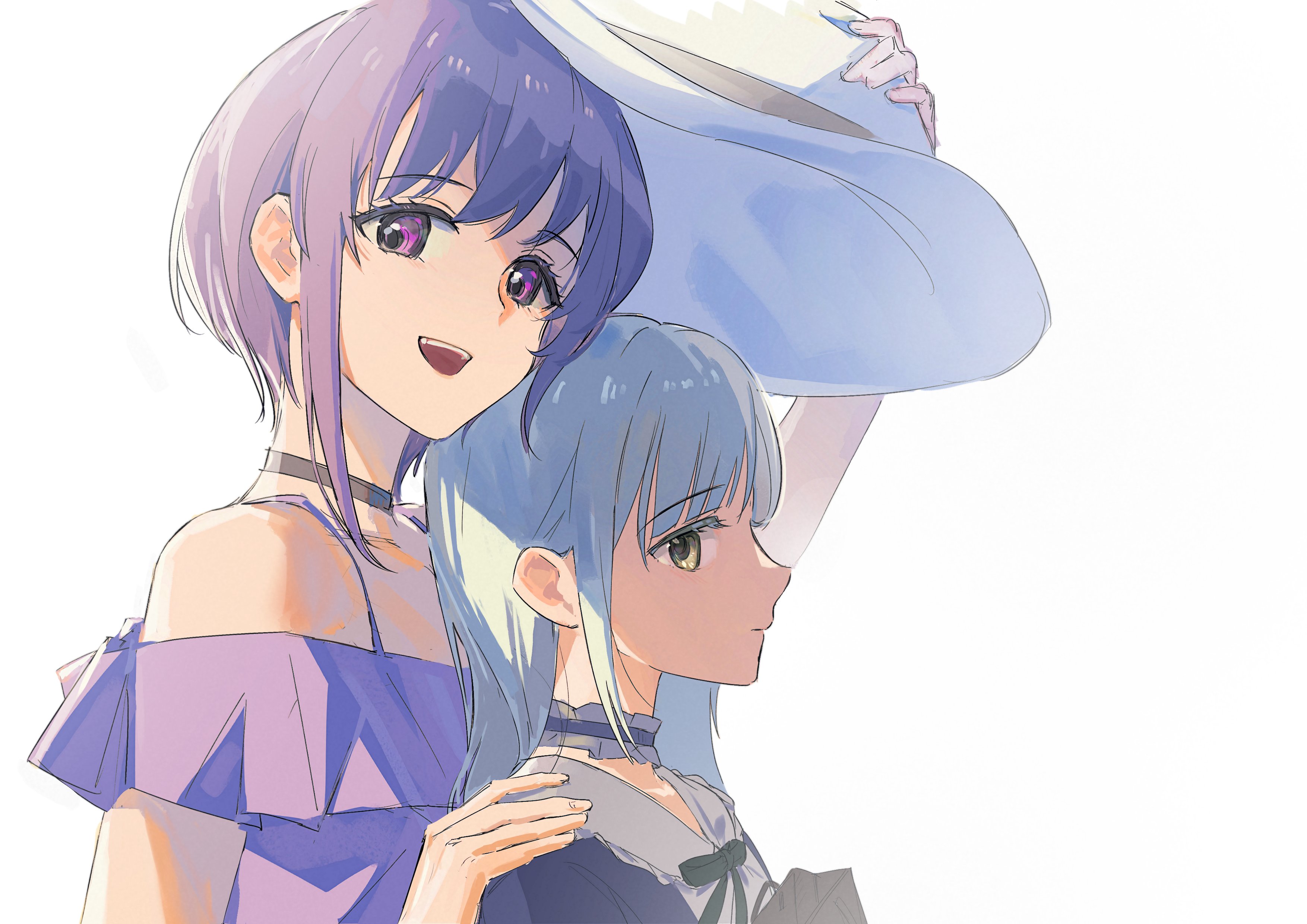 wakaba mutsumi, yuutenji nyamu, bang dream!, bang dream! it's mygo!!!!!, absurdres, commentary, hashtag-only commentary, highres, 2girls, blue choker, choker, closed mouth, frilled choker, frills, green hair, hand on another's shoulder, hat, long hair, medium hair, multiple girls, open mouth, purple eyes, purple hair, purple shirt, shirt, short sleeves, sidelocks, simple background, teeth, upper body, upper teeth only, white background, white hat, xinyi6239222644, yellow eyes