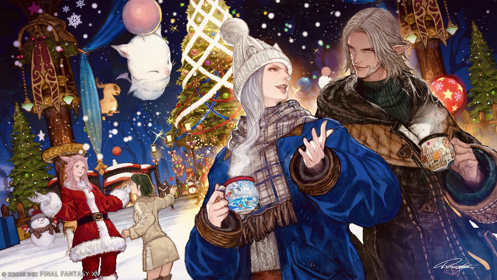 chocobo, moogle, urianger augurelt, final fantasy, final fantasy xiv, highres, official art, animal ears, beanie, cat ears, christmas, christmas ornaments, christmas tree, coat, cup, elezen, elf, fur trim, grey hair, hat, hyur, miqo'te, moenbryda wilfsunnwyn, mug, pointy ears, santa costume, scarf, smile, snow, snowing, snowman, winter clothes, winter coat