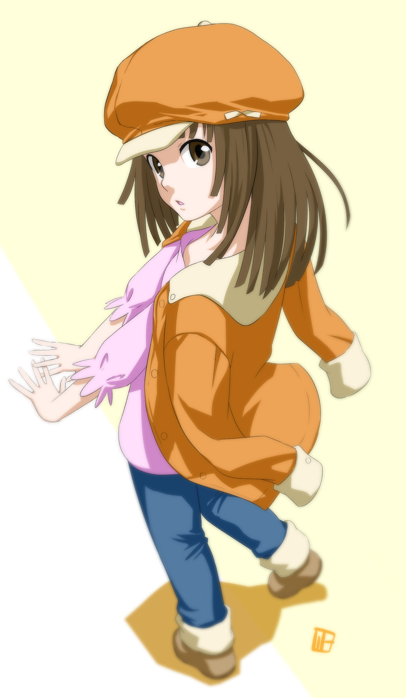 nagian, sengoku nadeko, bakemonogatari, monogatari (series), bad id, bad pixiv id, highres, 00s, 1girl, brown eyes, brown hair, female focus, full body, hat, jacket, jacket on shoulders, newsboy cap, solo, standing