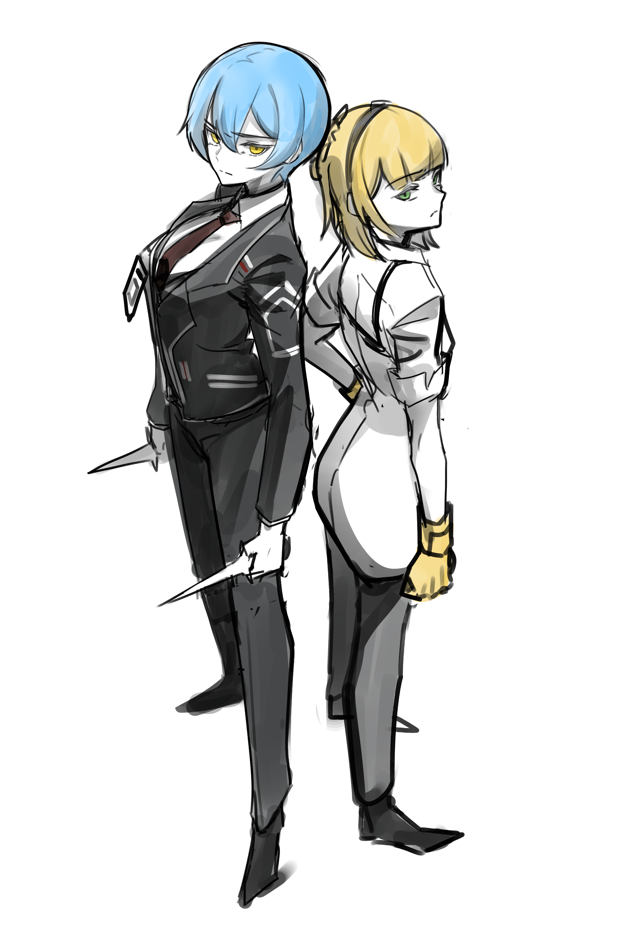 helseujang, tiphereth a (project moon), library of ruina, limbus company, project moon, absurdres, hashtag-only commentary, highres, 2girls, back-to-back, black jacket, black pants, blue hair, collared shirt, dagger, full body, gloves, holding, holding dagger, holding knife, holding weapon, id card, jacket, knife, lapels, lcb uniform (project moon), looking at viewer, multiple girls, necktie, notched lapels, pants, red necktie, shirt, short hair, weapon, white shirt, yellow gloves