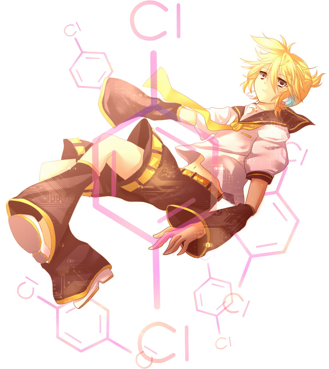 kallen 712, kagamine len, paradichlorobenzene (vocaloid), vocaloid, bad id, bad pixiv id, highres, 1boy, blonde hair, detached sleeves, full body, headphones, headset, male focus, necktie, short hair, shorts, solo, square-end necktie, yellow necktie