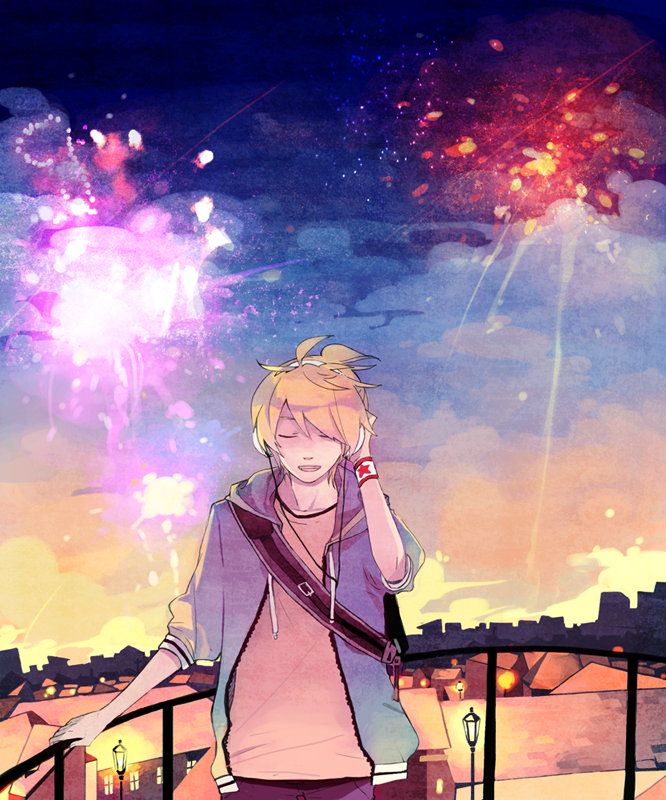 mig (36th underground), kagamine len, fire flower (vocaloid), vocaloid, bad id, bad pixiv id, 1boy, aerial fireworks, blonde hair, casual, cityscape, closed eyes, fireworks, headphones, hood, hoodie, male focus, night, short hair, smile, solo
