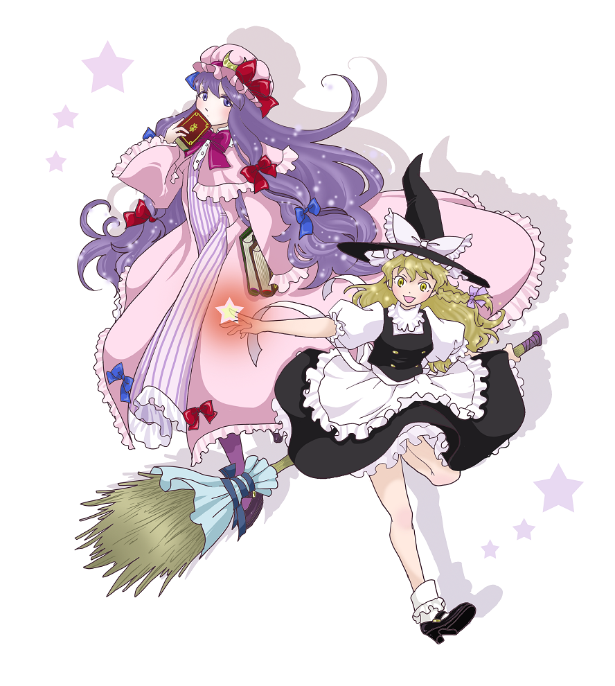 hiruandon, kirisame marisa, patchouli knowledge, touhou, 2girls, blonde hair, book, braid, female focus, hat, long hair, multiple girls, purple eyes, purple hair, short hair, witch, witch hat, yellow eyes