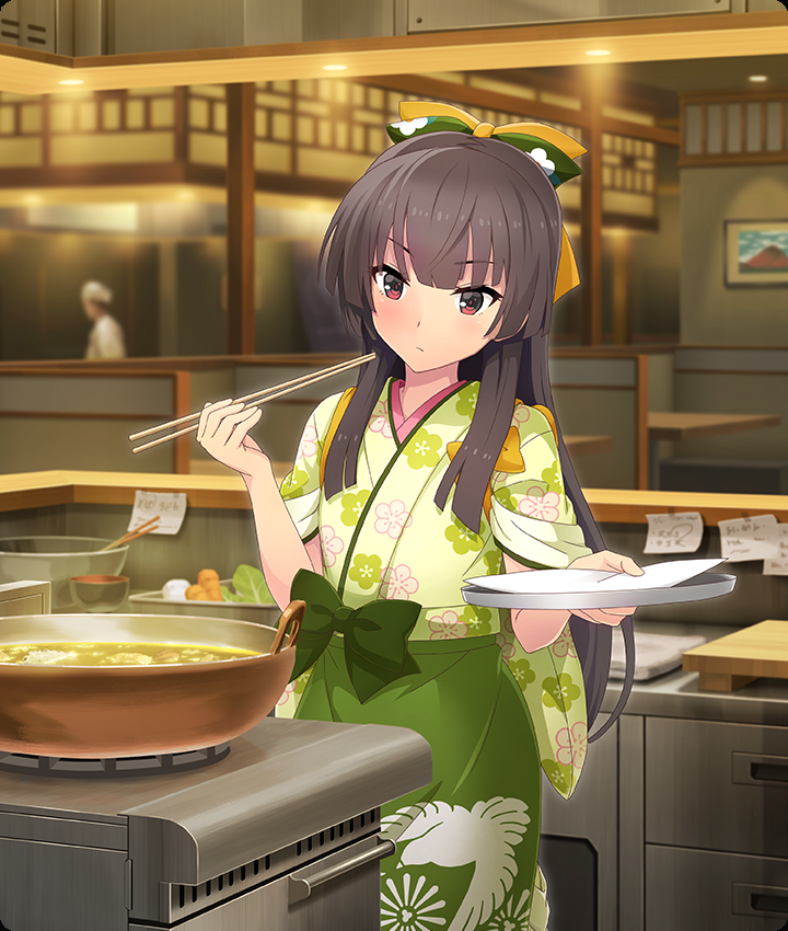 juujou hiyori, toji no miko, toji no miko: kizamishi issen no tomoshibi, game cg, official art, third-party source, 1boy, 1girl, blunt ends, blurry, blurry background, blush, bow, brown hair, carrot, ceiling light, chopsticks, closed mouth, cooking, cooking pot, counter, cowboy shot, cutting board, dot nose, floral print, floral print kimono, food, green bow, green kimono, hair bow, head tilt, holding, holding chopsticks, holding tray, indoors, japanese clothes, kimono, long hair, nakai (waitress), night, paper, print kimono, red eyes, restaurant, sleeves rolled up, solo focus, stove, tray, vegetable, yellow bow