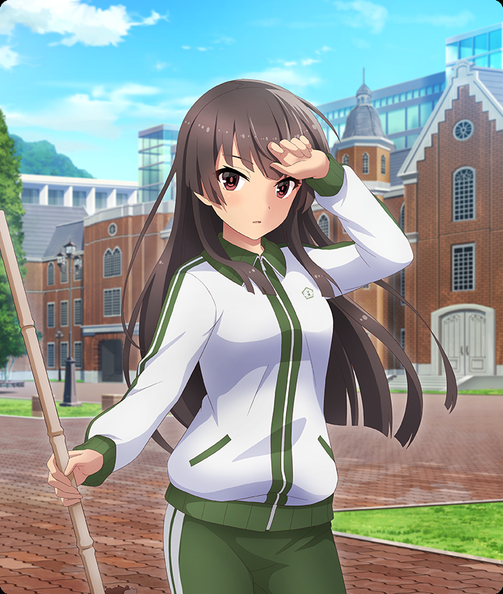 juujou hiyori, toji no miko, toji no miko: kizamishi issen no tomoshibi, game cg, official art, third-party source, 1girl, bamboo broom, black hair, blue sky, blunt ends, blush, breasts, brick road, broom, building, cloud, cowboy shot, day, dot nose, green pants, holding, holding broom, jacket, lamppost, long hair, long sleeves, looking at viewer, medium breasts, outdoors, pants, parted lips, red eyes, sky, solo, track jacket, track suit, tree, white jacket