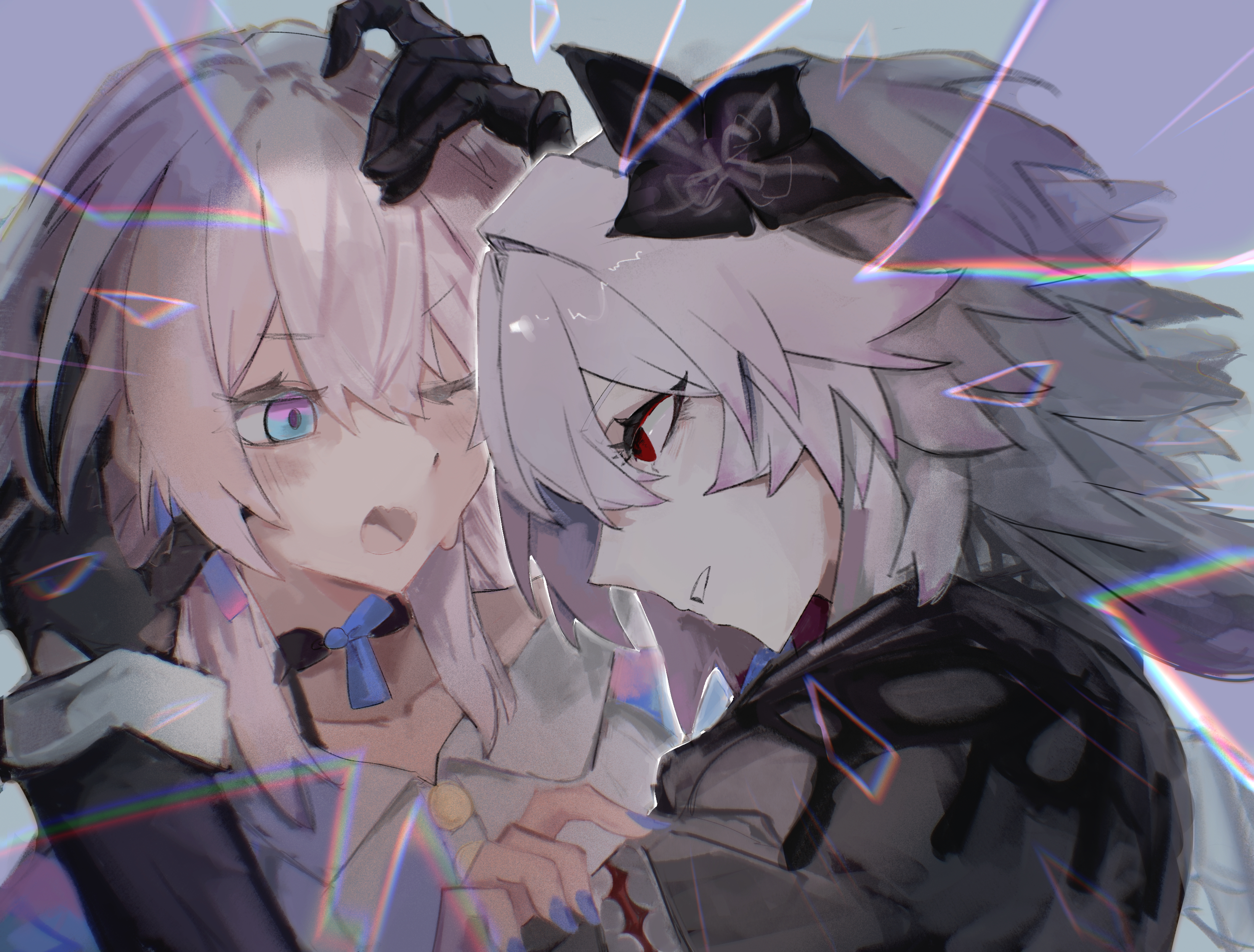 evernight (honkai: star rail), march 7th (honkai: star rail), honkai: star rail, honkai (series), absurdres, commentary request, highres, black flower, black gloves, blue eyes, blue nails, breasts, broken glass, choker, collared shirt, earrings, flower, glass, glass shards, gloves, hair between eyes, hair flower, hair ornament, hand on another's arm, hand on another's head, holding, jacket, jewelry, long hair, long sleeves, looking at another, medium hair, multicolored eyes, multiple girls, n nqru 2525, open mouth, pink eyes, pink hair, red eyes, shards, shirt, smile, solo, two-tone eyes, white background, white hair, white shirt