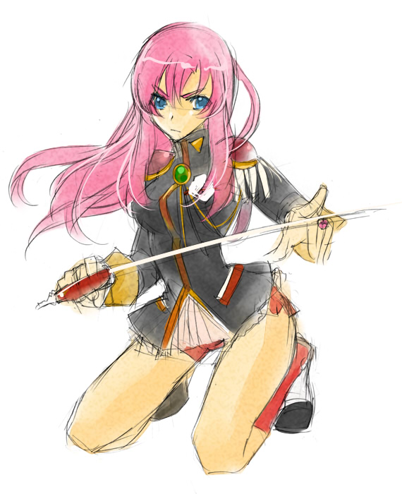 tooka, tenjou utena, shoujo kakumei utena, 1990s (style), blue eyes, epaulettes, pink hair, retro artstyle, solo, sword, weapon