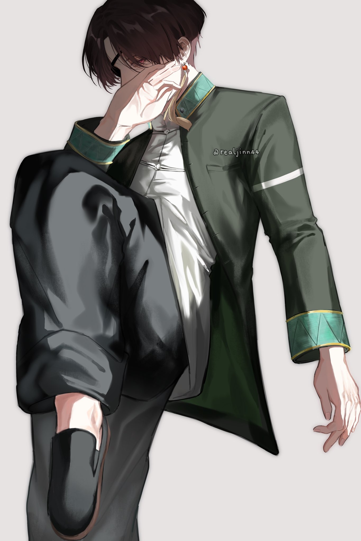 suo hayato, wind breaker (nii satoru), hashtag-only commentary, highres, 1boy, black pants, chinese clothes, earrings, eyepatch, fighting stance, furin high school uniform, green gakuran, grey background, hand on own face, jewelry, kung fu, looking at viewer, male focus, martial arts, pants, realjinn44, school uniform, short hair, simple background, solo, standing, standing on one leg, tangzhuang, tassel, tassel earrings, twitter username
