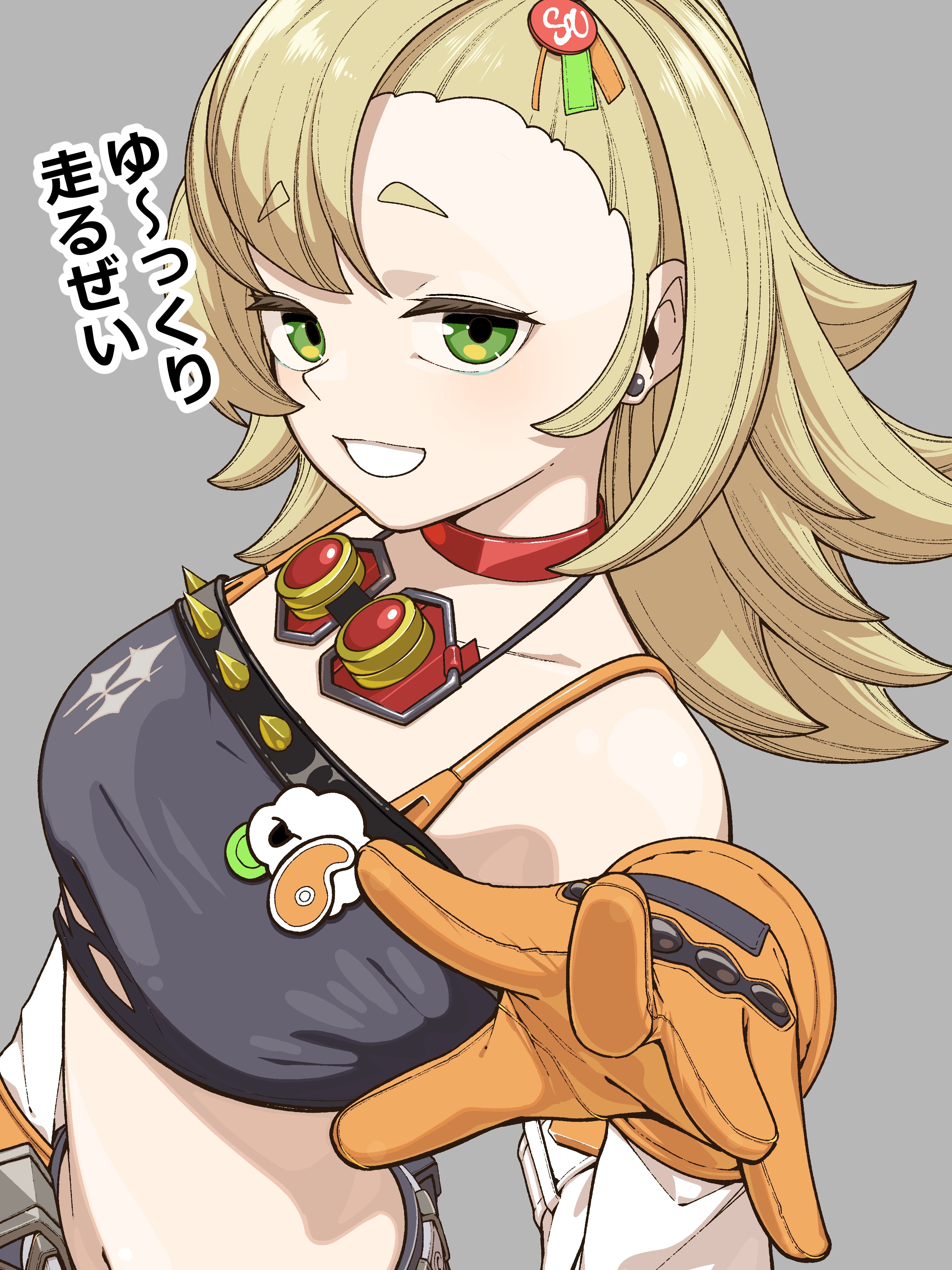 yoshida tatsuya, piper wheel, zenless zone zero, absurdres, commentary request, highres, translation request, 1girl, bare shoulders, blonde hair, breasts, choker, crop top, detached sleeves, earrings, gloves, goggles, goggles around neck, green eyes, grey background, grin, hair ornament, jewelry, long hair, looking at viewer, midriff, navel, orange gloves, red choker, simple background, small breasts, smile, solo, upper body, white sleeves