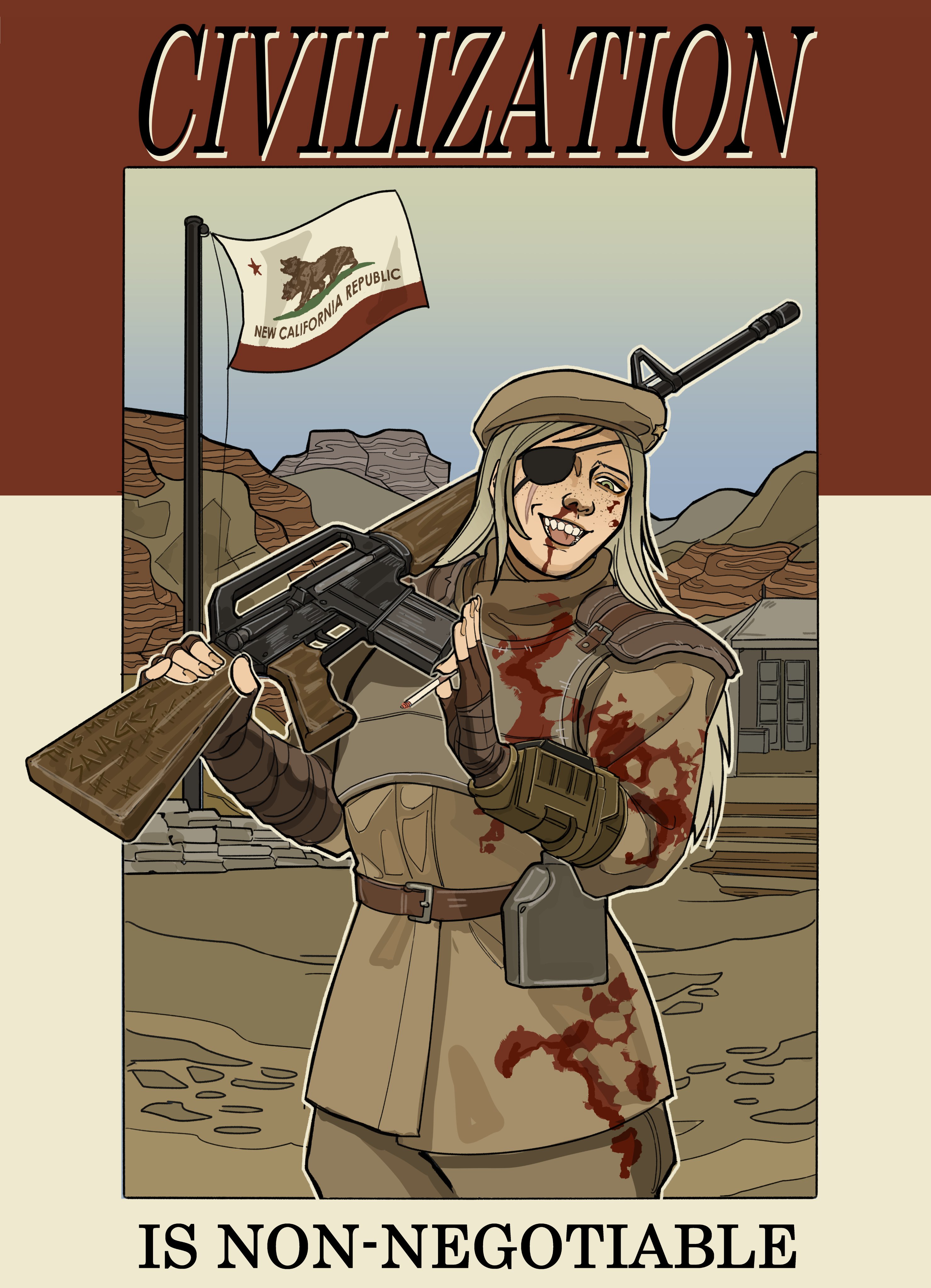 toffee 32, ncr trooper, fallout, fallout: new vegas, absurdres, commentary, english commentary, highres, 1girl, ar-15, assault rifle, belt, beret, blood, blood on face, brown belt, brown gloves, brown hair, brown hat, brown jacket, brown pants, canteen, cigarette, cowboy shot, desert, english text, eyepatch, fingerless gloves, freckles, gloves, green eyes, gun, hat, holding, holding cigarette, holding gun, holding weapon, jacket, looking at viewer, new california republic, new california republic flag, one eye covered, open mouth, over shoulder, pants, pip boy, propaganda, rifle, scar, scar across eye, scar on face, smile, smoking, soldier, solo, standing, star (symbol), tent, weapon, weapon over shoulder