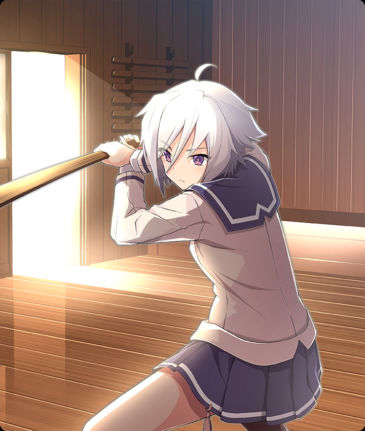 itomi sayaka, toji no miko, toji no miko: kizamishi issen no tomoshibi, game cg, official art, third-party source, 1girl, ahoge, blazer, blue sailor collar, blue skirt, breasts, closed mouth, fighting stance, hair between eyes, holding, holding sword, holding weapon, indoors, jacket, long sleeves, open door, purple eyes, renpu girls school uniform, sailor collar, school uniform, serious, short hair, skirt, small breasts, solo, squatting, sword, weapon, white hair, white jacket, wooden floor, wooden sword, wooden wall