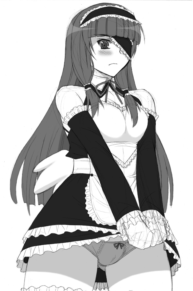 shichimenchou, mari (dream c club), dream c club, dream c club (series), 1girl, clothes lift, eyepatch, female focus, greyscale, long hair, monochrome, panties, simple background, skirt, skirt lift, solo, underwear, upskirt, wings