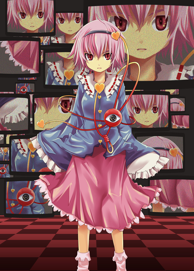 maturiuta sorato, komeiji satori, persona, persona 4, touhou, 1girl, female focus, hairband, heart, parody, pink hair, red eyes, short hair