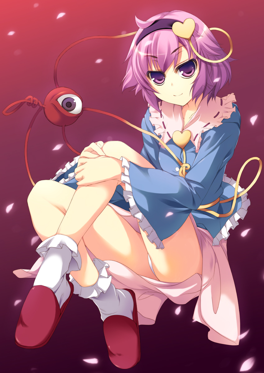 amanooni touri, komeiji satori, touhou, bad id, bad pixiv id, highres, 1girl, female focus, full body, gradient background, hairband, heart, panties, purple eyes, purple hair, short hair, slippers, socks, solo, underwear