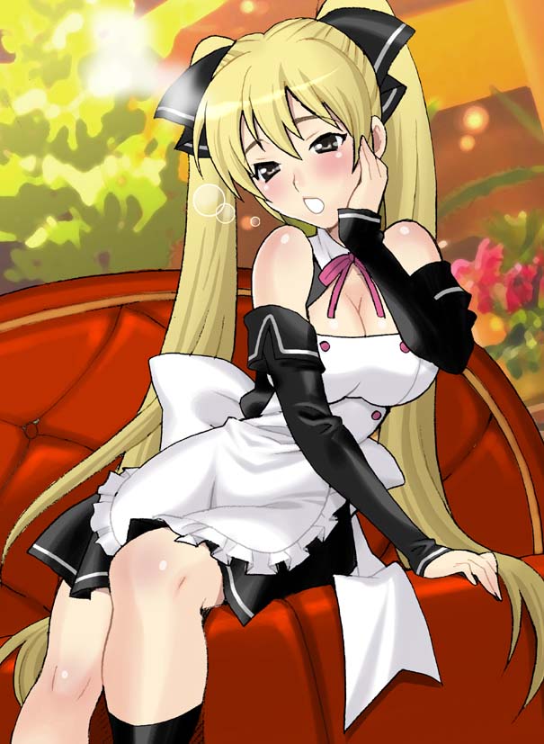 yukiyanagi, mian (dream c club), dream c club, dream c club (series), 1girl, apron, blonde hair, breasts, cleavage, detached sleeves, drunk, female focus, hiccup, large breasts, long hair, maid, maid apron, solo, twintails, waitress