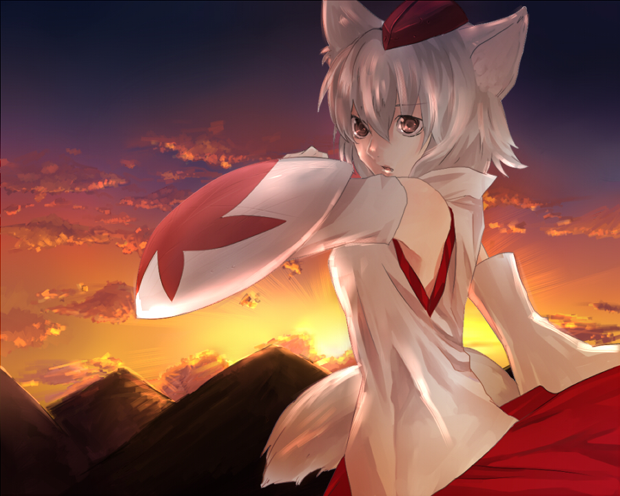 siratan, inubashiri momiji, touhou, bad id, bad pixiv id, 1girl, animal ears, cloud, detached sleeves, female focus, hat, outdoors, red eyes, shield, short hair, sky, solo, standing, tail, tokin hat, white hair, wolf ears, wolf tail