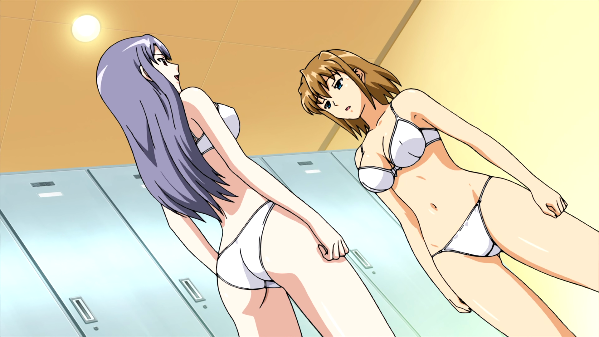 shiratori miyu, sumeragi aika, aika (series), aika zero, anime screenshot, highres, non-web source, 00s, 1990s (style), 2girls, ass, bare shoulders, bra, breasts, brown hair, cleavage, female focus, large breasts, lingerie, locker, locker room, midriff, multiple girls, open mouth, panties, purple hair, retro artstyle, smile, underwear, underwear only