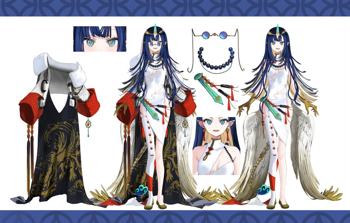 wata (attaka towel), v4mirai, commentary, english commentary, official art, second-party source, 1girl, ao wuwu, aqua eyes, blonde hair, blue hair, brown shoes, clothing cutout, colored inner hair, dragon print, dress, full body, horns, looking at viewer, multicolored hair, multiple views, pillarboxed, reference sheet, round eyewear, shoes, single horn, single thighhigh, slit pupils, thighhighs, virtual youtuber, white background, white dress, white thighhighs, yellow-framed eyewear